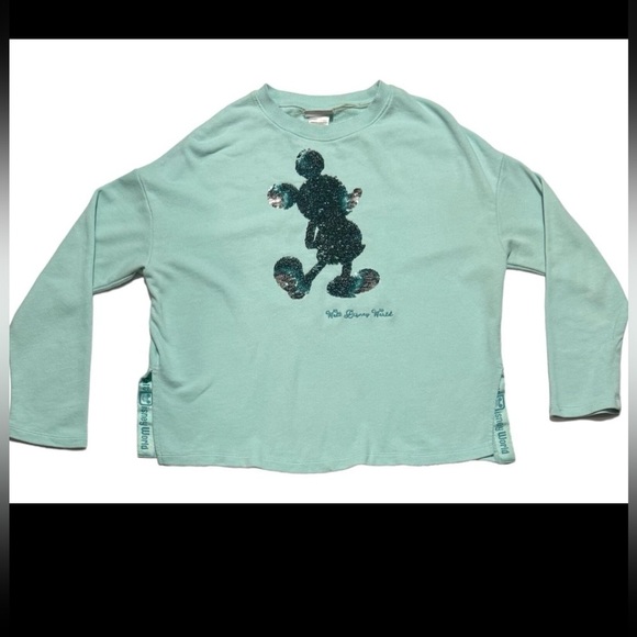 Disney Parks Arendelle Aqua Mickey Mouse Reversible Sequin Sweatshirt Size Small - Picture 1 of 16